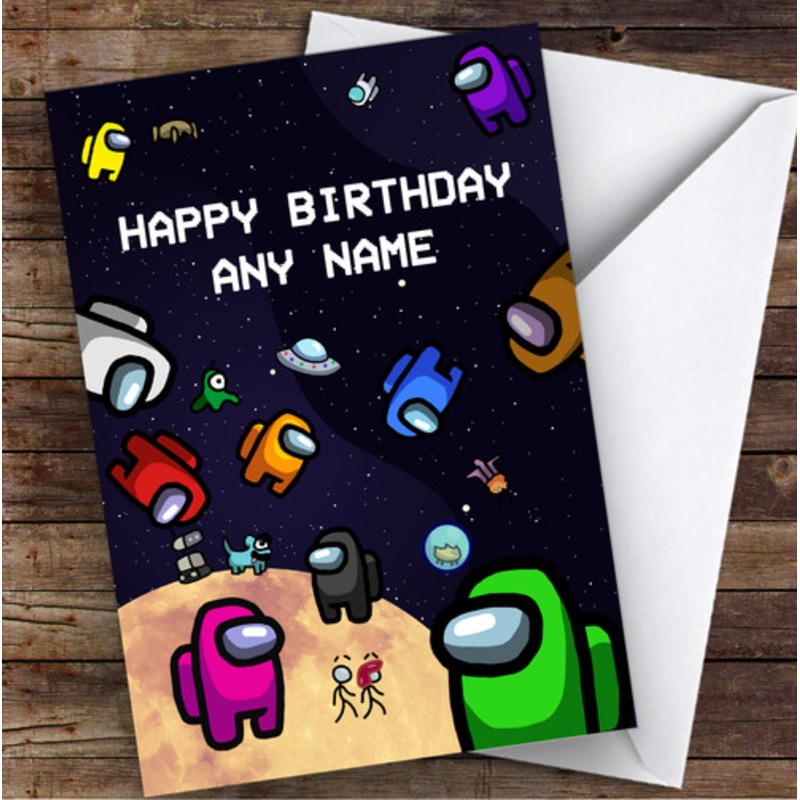 Among Us Characters and Pets In Space Children’s Kids Personalised Birthday Card – The Card Zoo