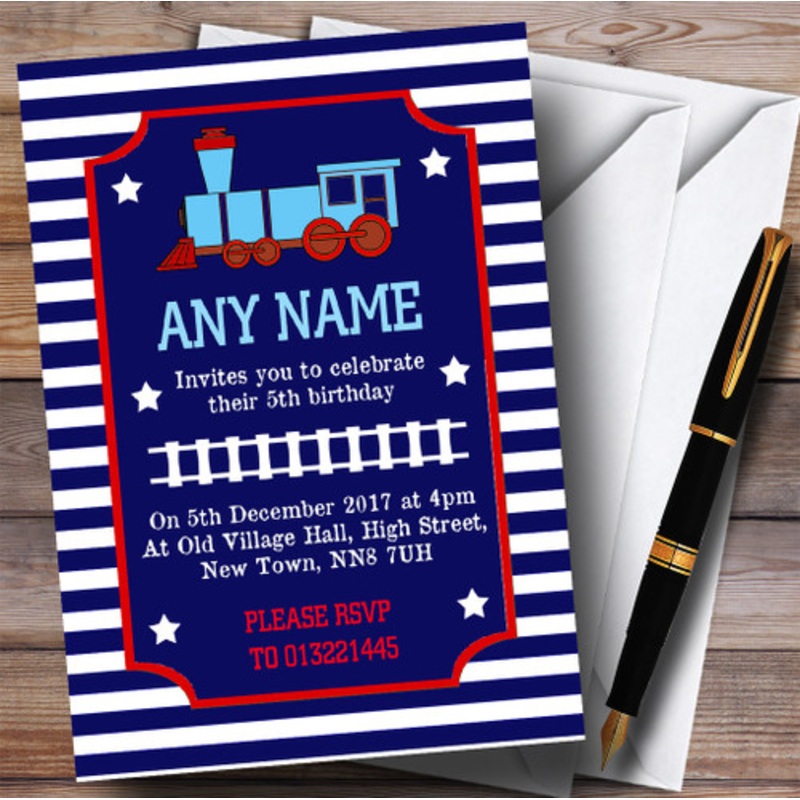 Blue and Red Striped Train Children’s Birthday Party Invitations – The Card Zoo