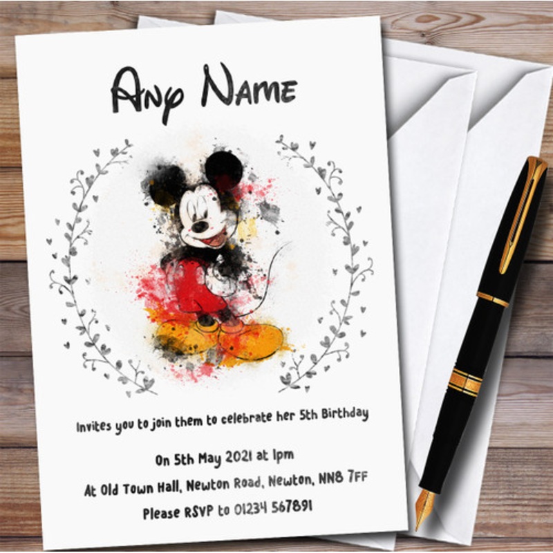 Disney Mickey Mouse Watercolour Splatter Style Birthday Party Invitations – The Card Zoo