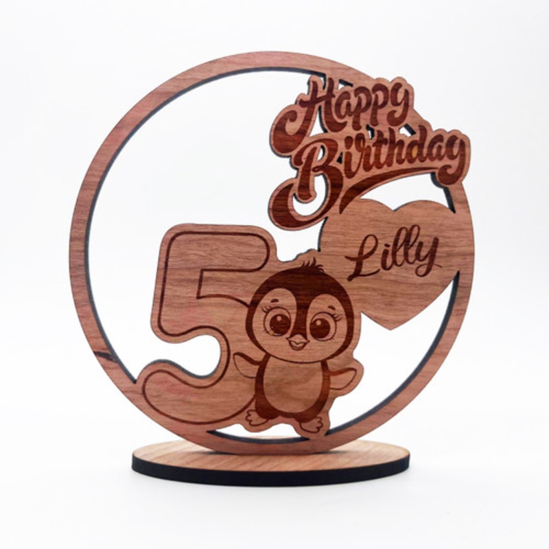 Engraved Wood Kids Penguin 5th Happy Birthday Heart Keepsake Personalised Gift – The Card Zoo