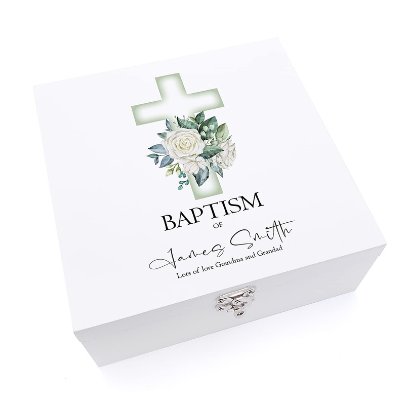 Personalised Baptism Day Wooden Keepsake Memory Box With Green Cross