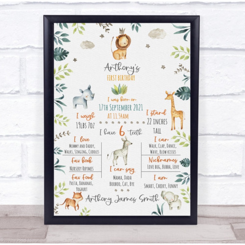Safari Animals 1st Birthday First Year Baby Milestones Interests Print – The Card Zoo