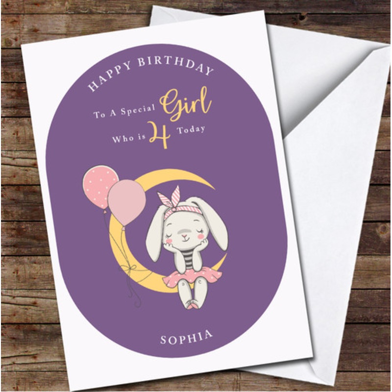 4th Girl Dreaming Bunny Girl Sitting On The Moon Any Age Birthday Card – The Card Zoo