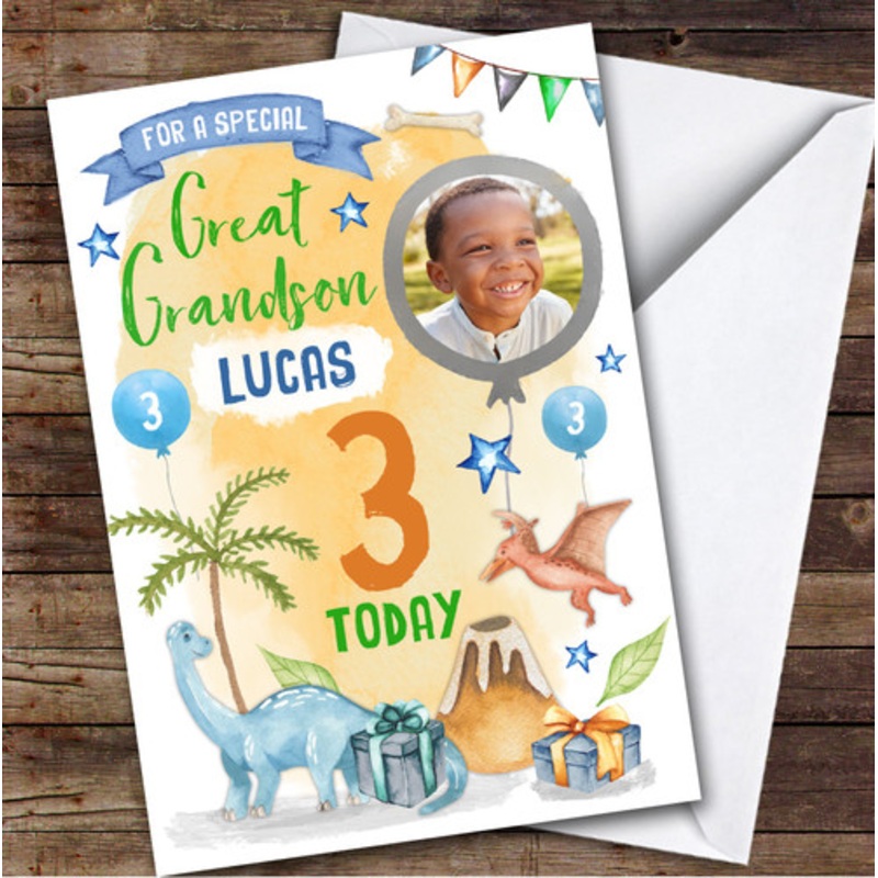 Dinosaur Gift Photo Great Grandson 3rd Boys Custom Personalised Birthday Card – The Card Zoo