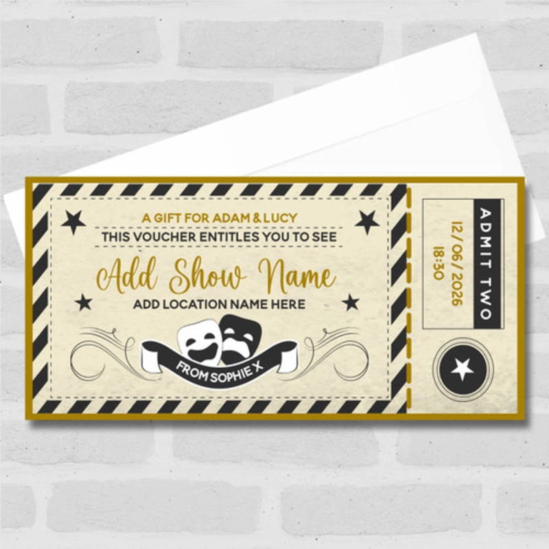 Any Theatre Comedy Show Gift Gold Personalised Surprise Ticket Gift Voucher – The Card Zoo