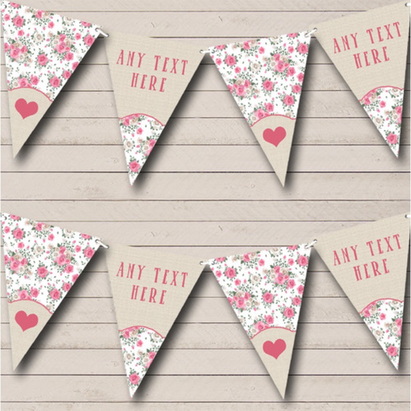 Heart Floral Pink Burlap Personalised Children’s Party Bunting – The Card Zoo