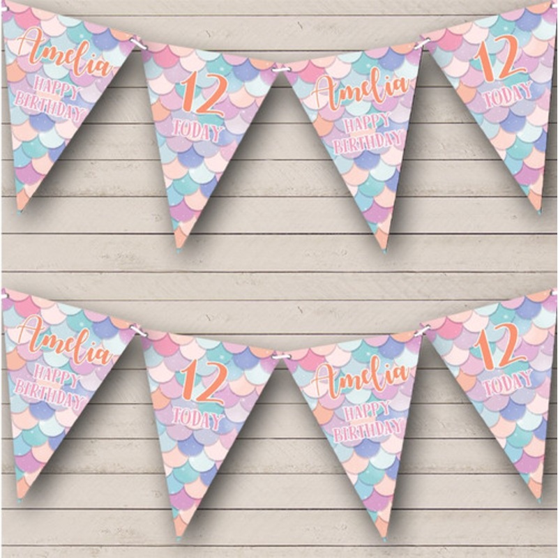 Pastel Mermaid Scale Happy Birthday Age Personalised Party Banner Bunting – The Card Zoo