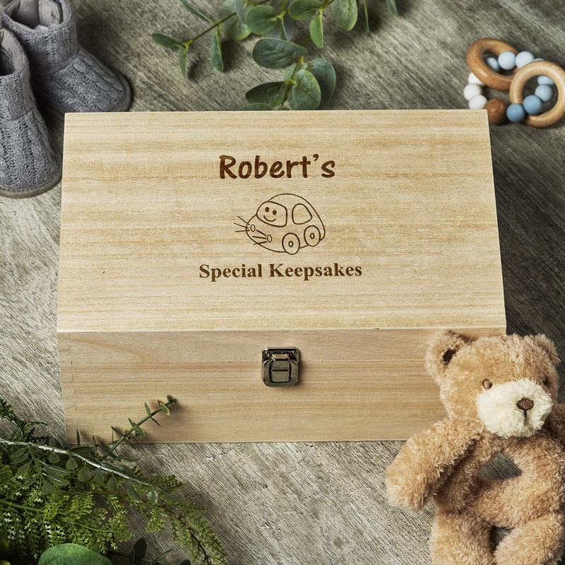 Personalised Large Wooden Baby Memory Keepsake Box Car Design