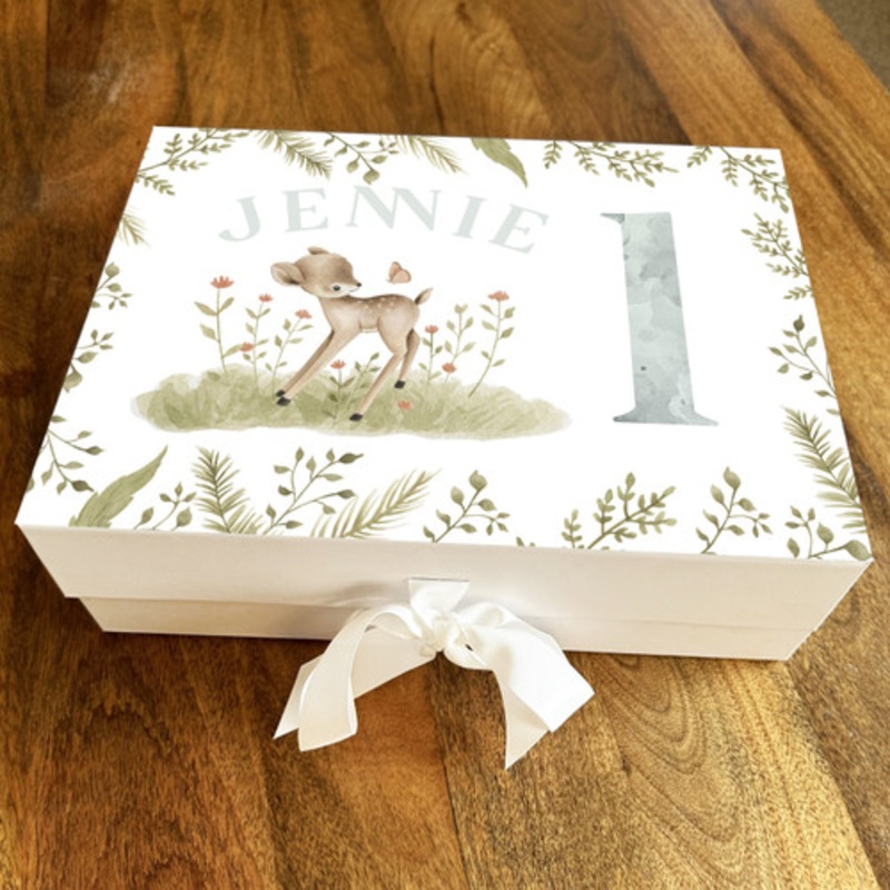 Woodland Green Leaves Deer 1st Kids Any Age Personalised Birthday Gift Box – The Card Zoo