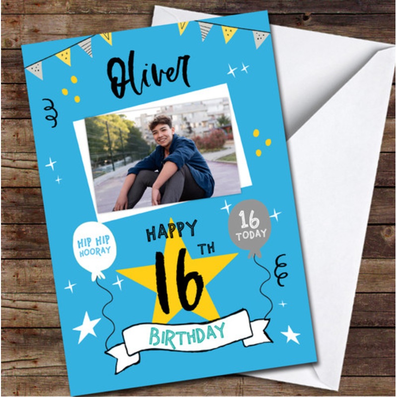 16th Birthday Boy Party Blue Photo Personalised Birthday Card – The Card Zoo