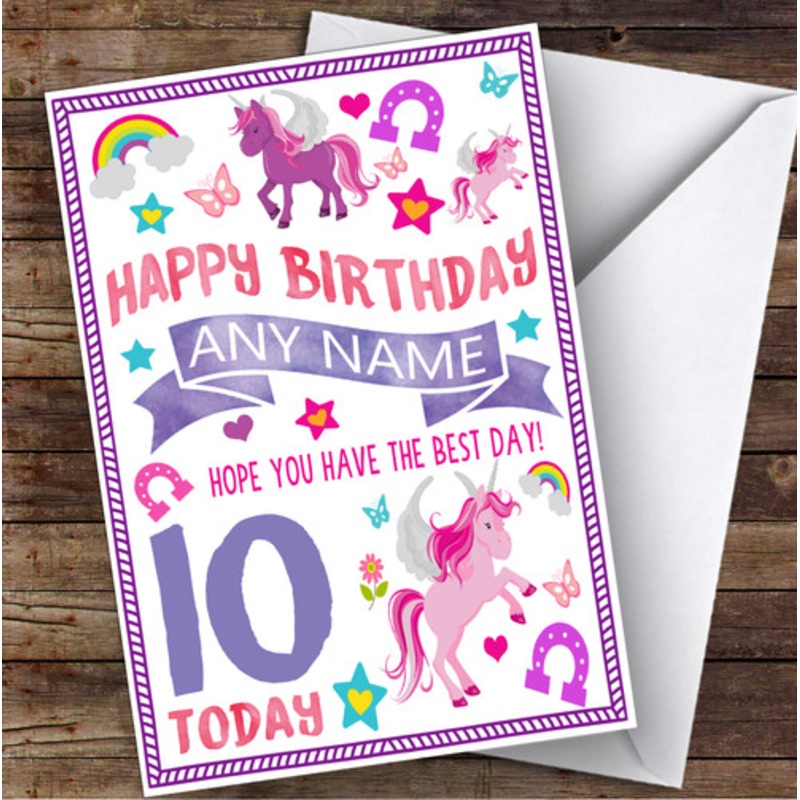 Pretty Pink Purple Unicorn Any Age and Name Personalised Children’s Birthday Card – The Card Zoo