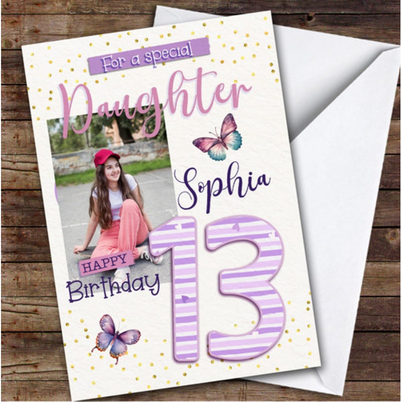 13th Daughter Purple Butterflies Heart Photo Teenager Personalised Birthday Card – The Card Zoo