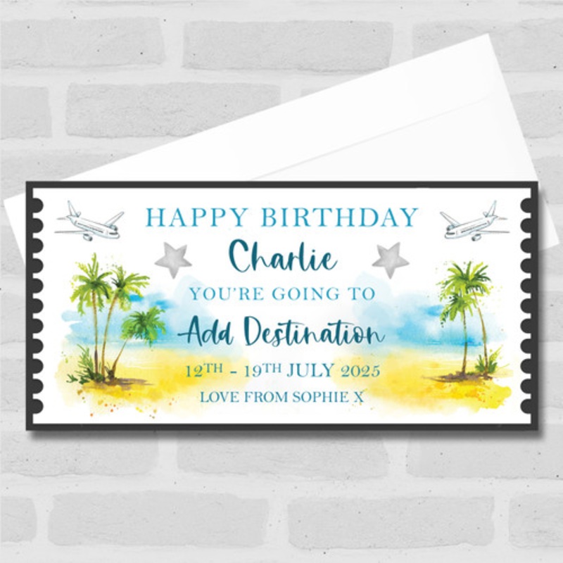Happy Birthday Holiday Away Beach Personalised Surprise Ticket Gift Voucher – The Card Zoo