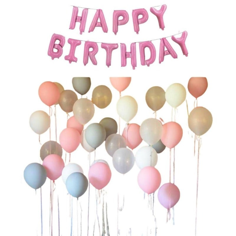 Pastel-Matte Balloon Backdrop + 16 Inch Pink Foil Happy Birthday Set