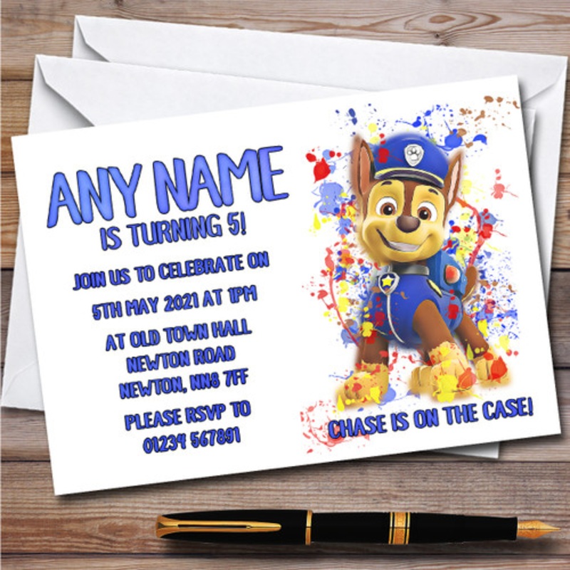 Paw Patrol Chase Splatter Art Children’s Personalised Birthday Party Invitations – The Card Zoo