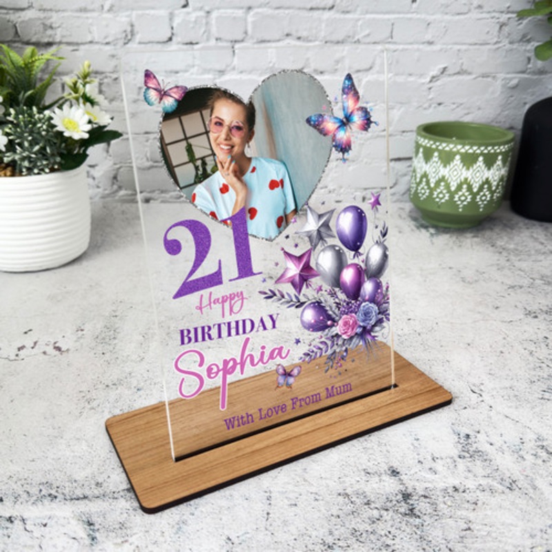 21st Birthday Gift For Her Purple Balloons Heart Photo Personalised Gift Plaque – The Card Zoo