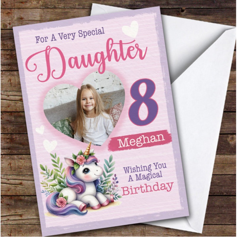 8th Daughter Sister Floral Unicorn Heart Photo Custom Personalised Birthday Card – The Card Zoo