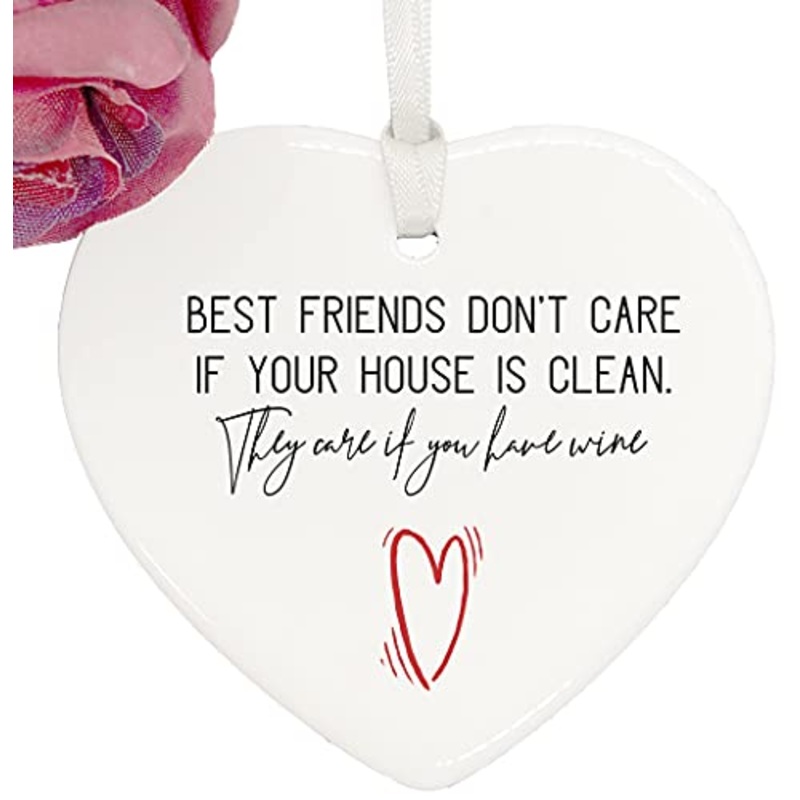 Best Friends And Wine porcelain heart gift with ribbon