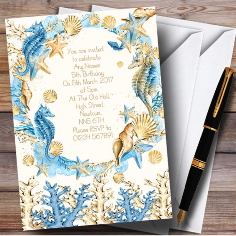 Blue Shells Seahorse Beach Nautical Children’s Birthday Party Invitations – The Card Zoo