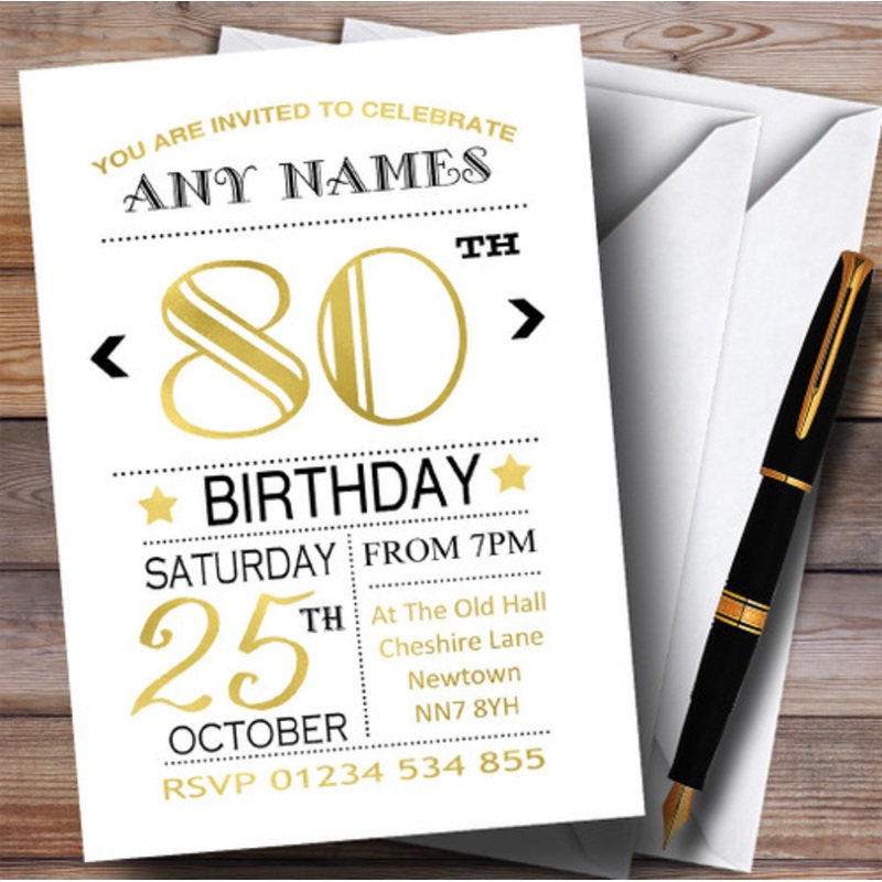 White Black and Gold 80th Personalised Birthday Party Invitations – The Card Zoo