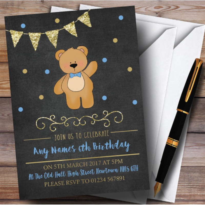 Chalk Gold Boys Teddy Bear Children’s Birthday Party Invitations – The Card Zoo