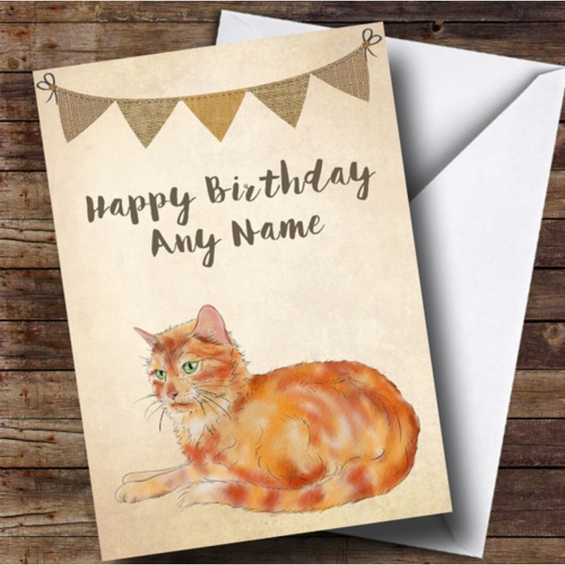 Vintage Burlap Bunting Ginger Cat Personalised Birthday Card – The Card Zoo