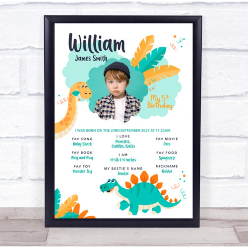 Any Age Kids Birthday Favourite Things Interests Milestones Photo Dinosaur Gift Print – The Card Zoo