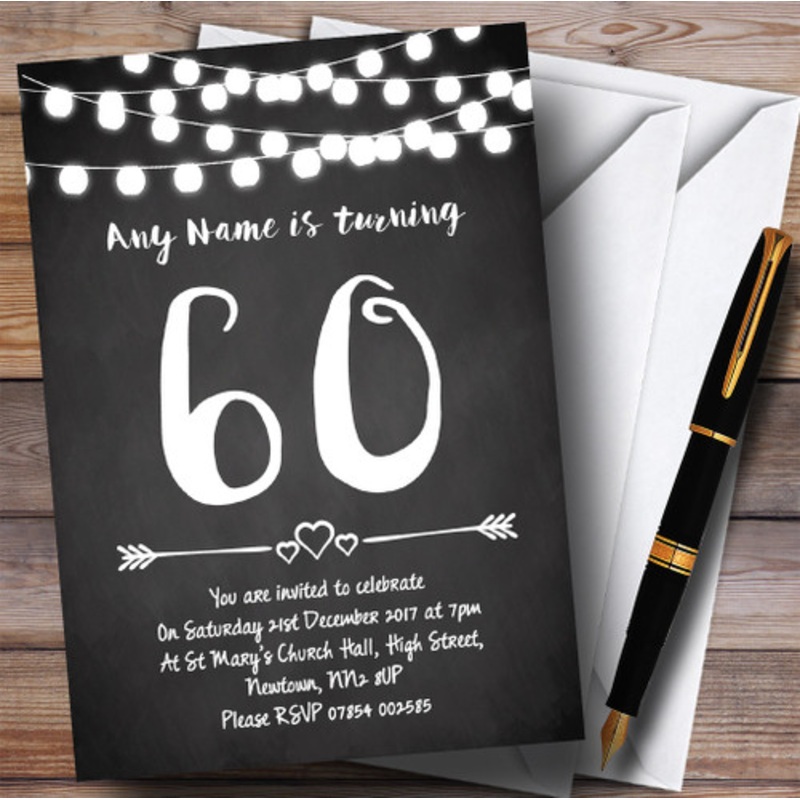 Chalk Style Lights 60th Personalised Birthday Party Invitations – The Card Zoo