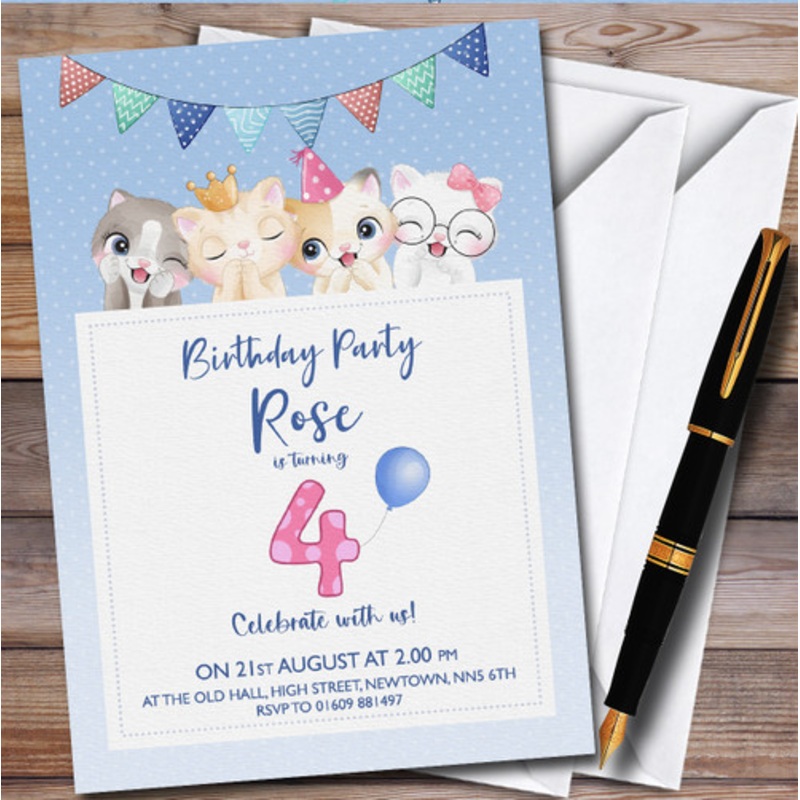 Kittens Cats 4th Personalised Children’s Kids Birthday Party Invitations – The Card Zoo