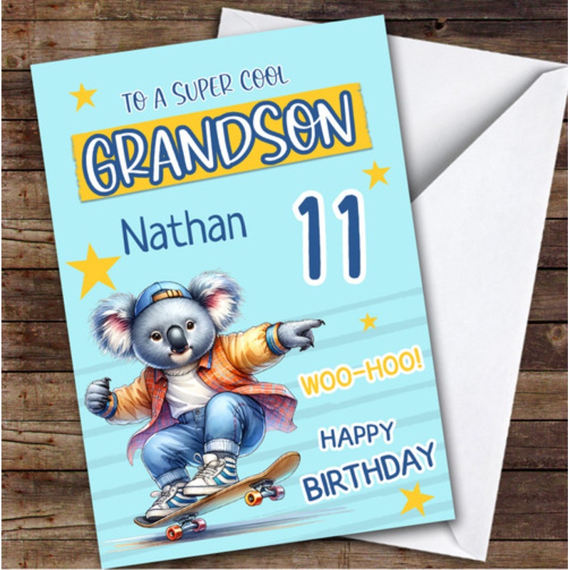 11th Grandson Skateboarding Koala Boys Custom Personalised Birthday Card – The Card Zoo