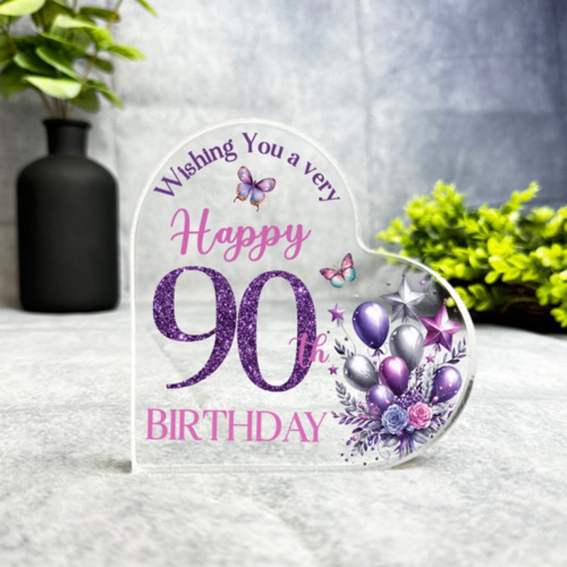90th Birthday Gift Purple Balloons Floral Keepsake Side Heart Ornament Plaque – The Card Zoo
