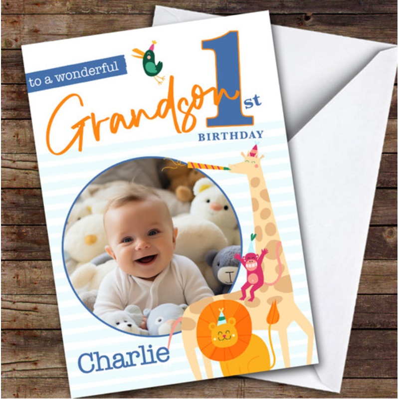 Grandson 1st Party Safari Animals Photo Boys Custom Personalised Birthday Card – The Card Zoo