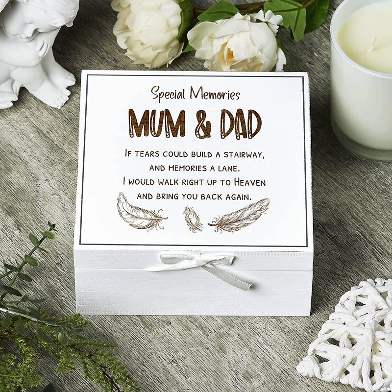 Mum & Dad Remembrance Memory White Keepsake Box With Feather Design