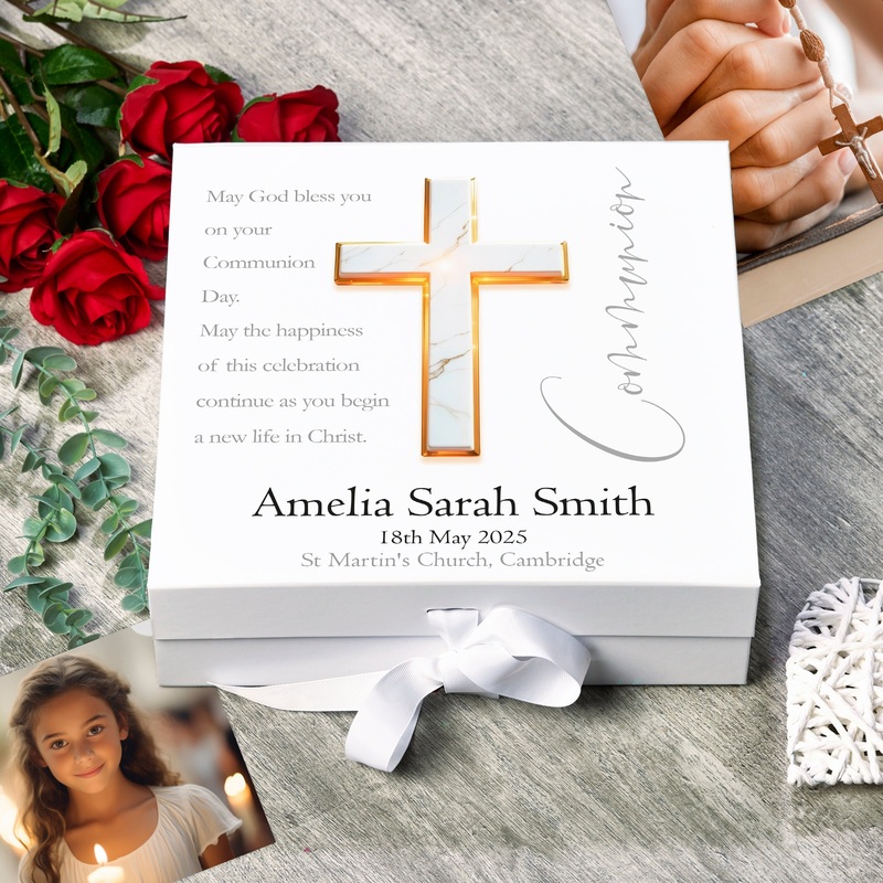 Personalised Communion Keepsake Memory Box Gift With Marble Cross
