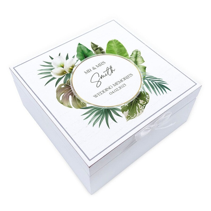 Personalised Wedding Vintage Wooden Keepsake Box Gift Rainforest Theme