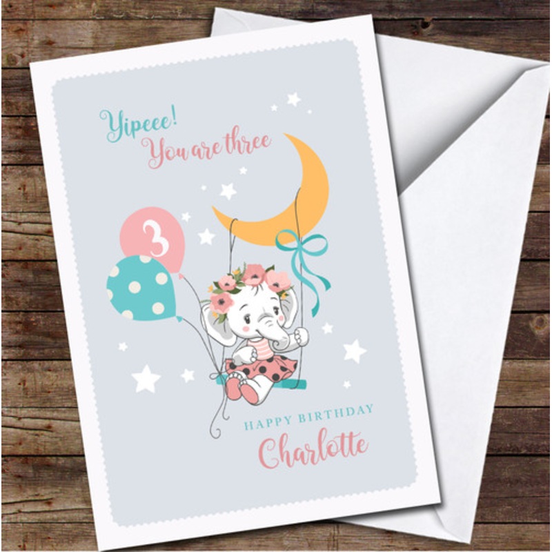 3rd Girl Cute Baby Elephant On A Swing Any Age Personalised Birthday Card – The Card Zoo