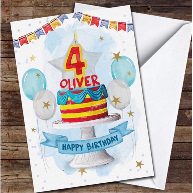 4th Fourth Birthday Boy Cake Party Balloons Personalised Birthday Card – The Card Zoo