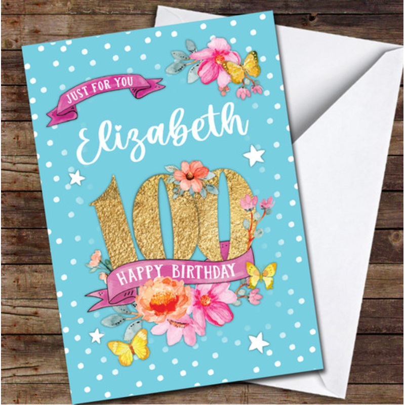 100th Female Flowers Butterfly Turquoise Any Age Personalised Birthday Card – The Card Zoo