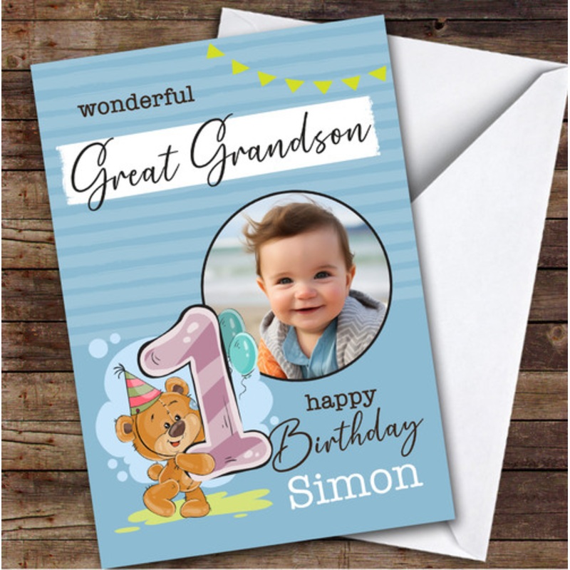 Great Grandson 1st Blue Teddy Bear Photo Boys Custom Personalised Birthday Card – The Card Zoo