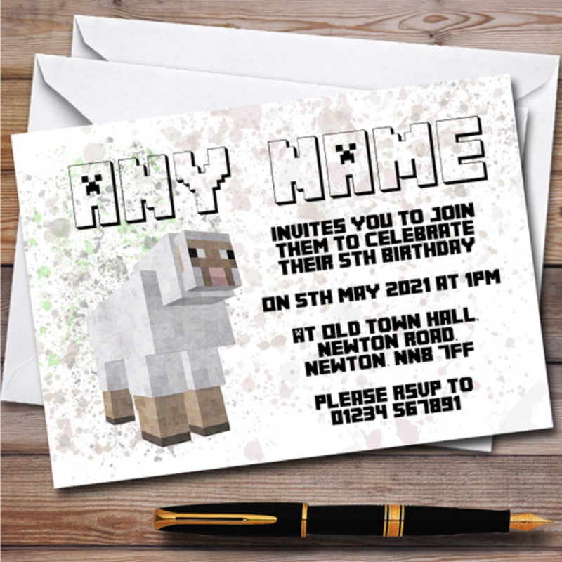 Minecraft Sheep Splatter Art Children’s Personalised Birthday Party Invitations – The Card Zoo
