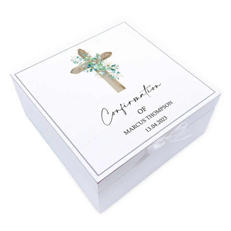 Personalised Confirmation Vintage Wooden Box With Wood Cross