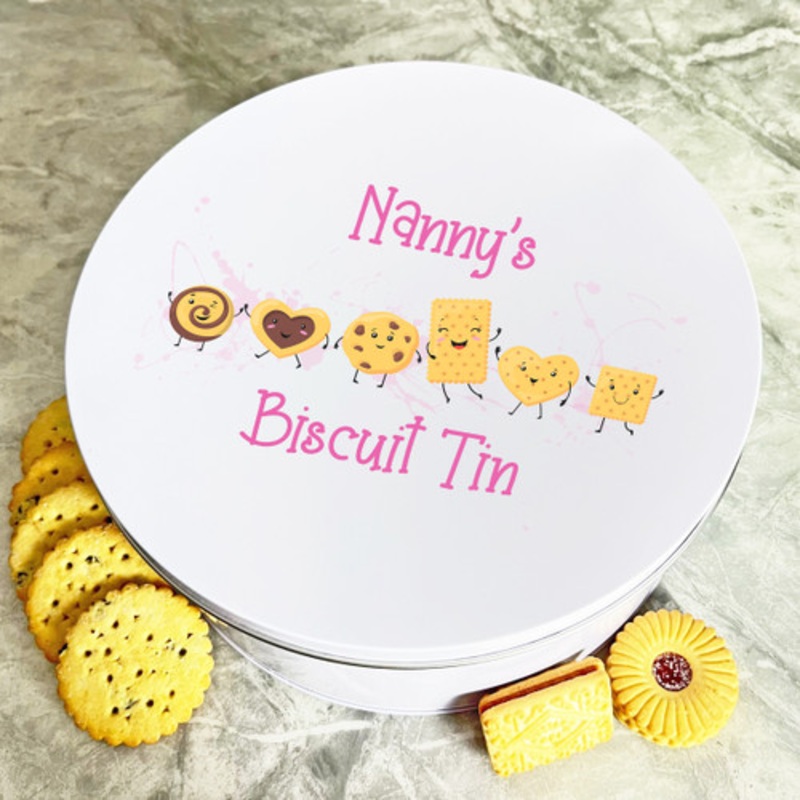Personalised Round Happy Cookie Characters Nanny’s Cake Treat Sweets Biscuit Tin – The Card Zoo