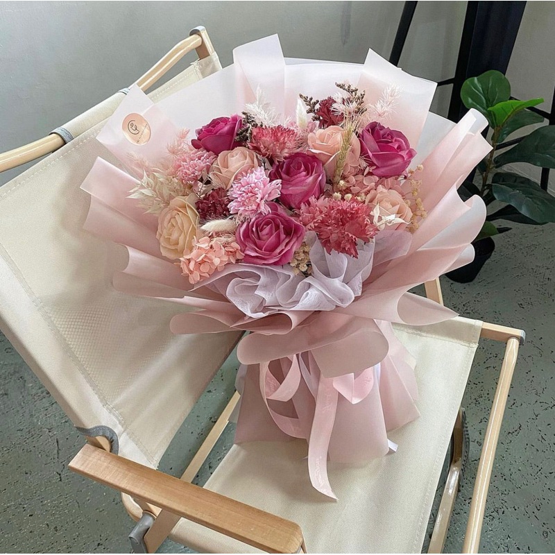 Pink & Red Theme Soap Roses, Carnations & Preserved Flowers Bouquet (Klang Valley Delivery)