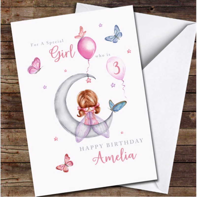 3rd Girl Little Fairy Girl Sitting On Moon Any Age Personalised Birthday Card – The Card Zoo