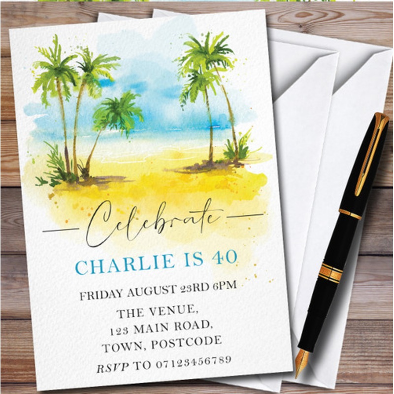 Beach Palm Trees Personalised Birthday Party Invitations – The Card Zoo