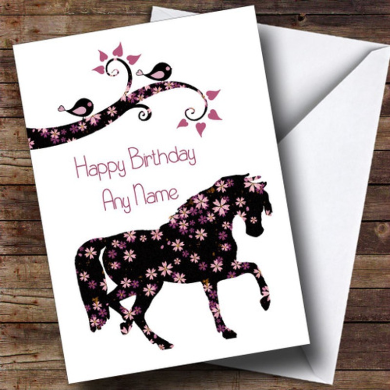 Black and Pink Floral Horse Personalised Birthday Card – The Card Zoo