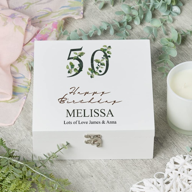 Personalised 50th Birthday Green Leaf Design Keepsake Wooden Gift Box