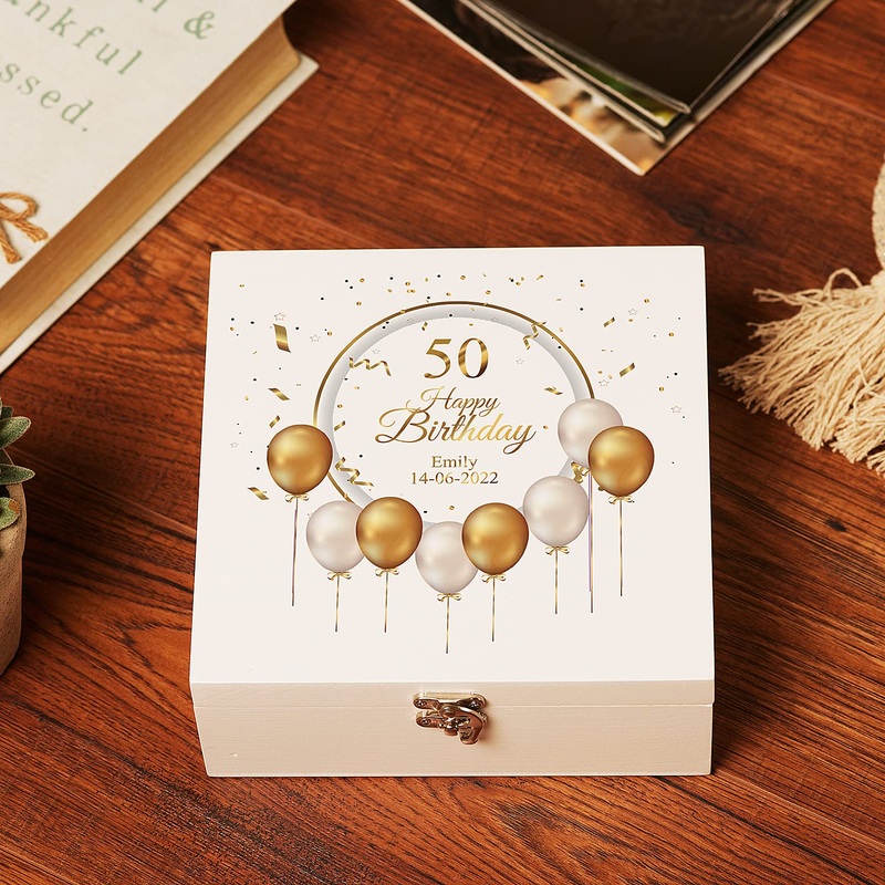 Personalised 50th Birthday Wooden Box Gift With Golden Balloons
