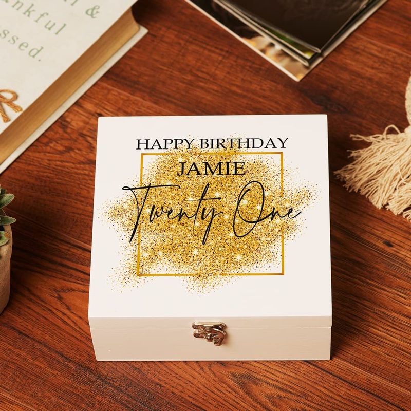 Personalised Large 21st Birthday Gift Keepsake Wooden Box With Gold Sparkles