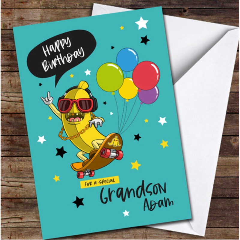 Special Grandson Funny Banana Skater Rainbow Balloons Personalised Birthday Card – The Card Zoo
